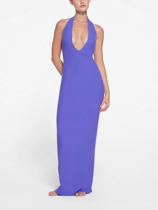 SKIMS Dresses & Skirts - SKIMS SOFT LOUNGE DEEP PLUNGE HALTER LONG DRESS TANZANITE SMALL NWT